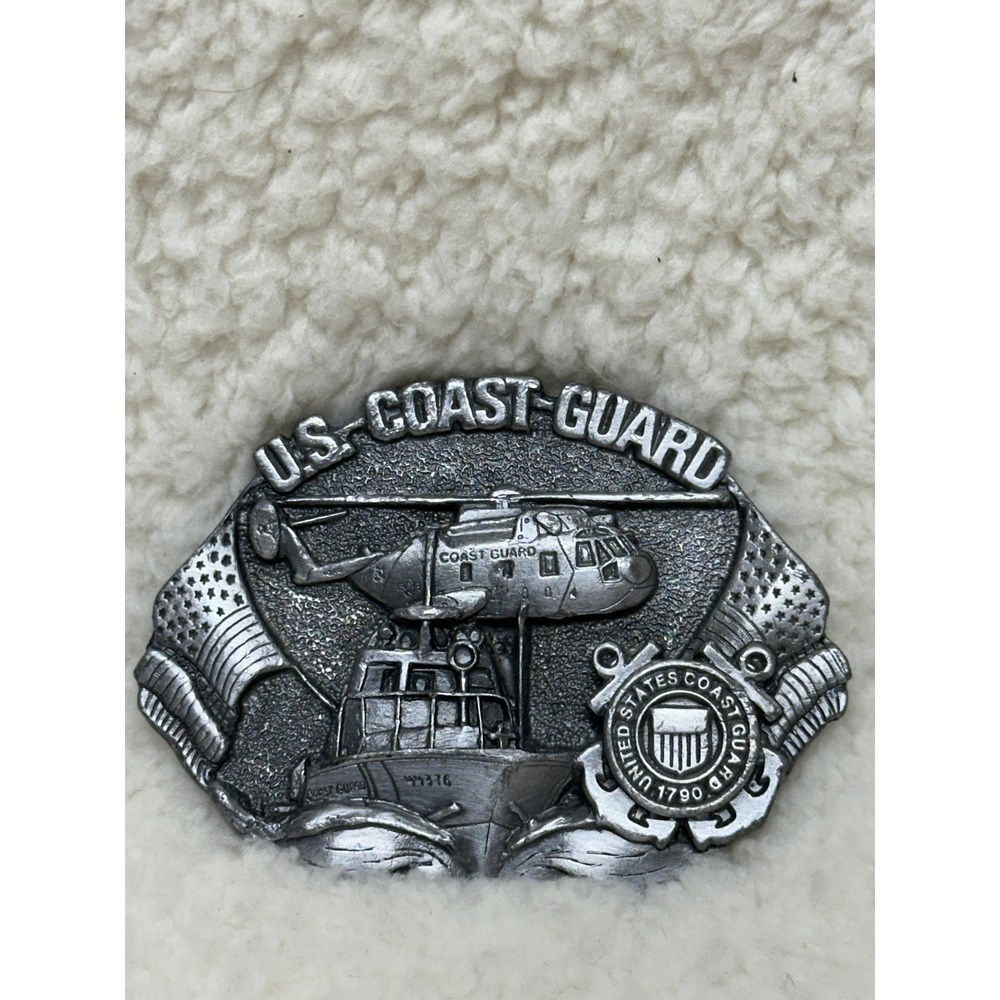 Bergamot Brass Works Belt Buckle US Coast Guard 1982 Vintage Pewter Tone USA